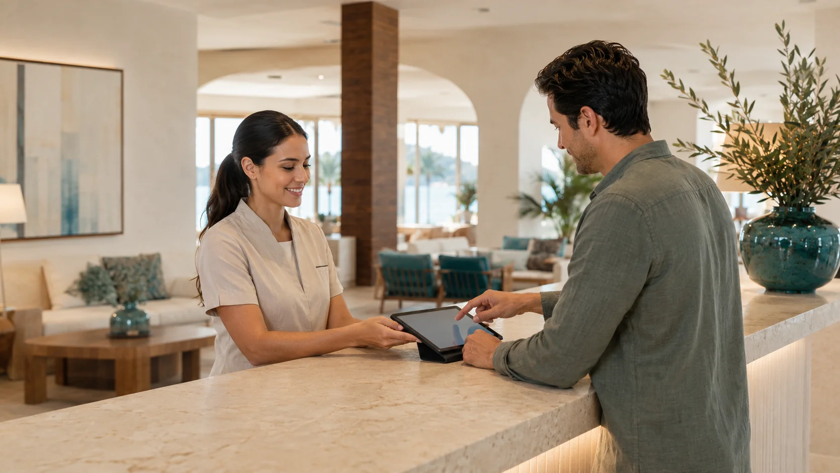 Receptionist guiding the guest through signing the registration form on a tablet
