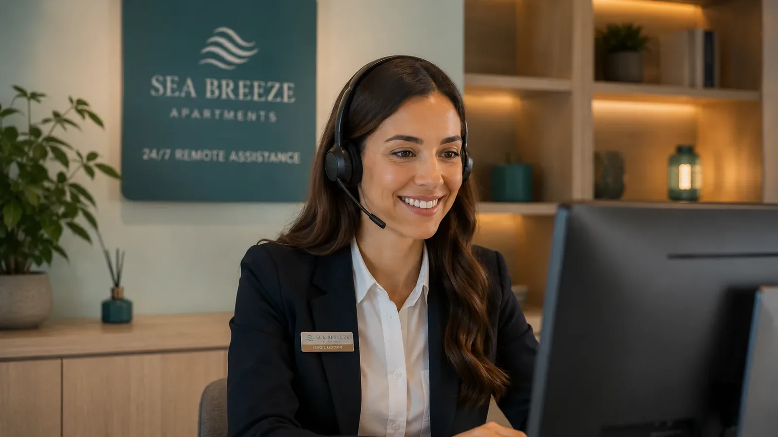 Agente del contact center de Roommatik atendiendo al hu&eacute;sped con asistencia remota 24/7