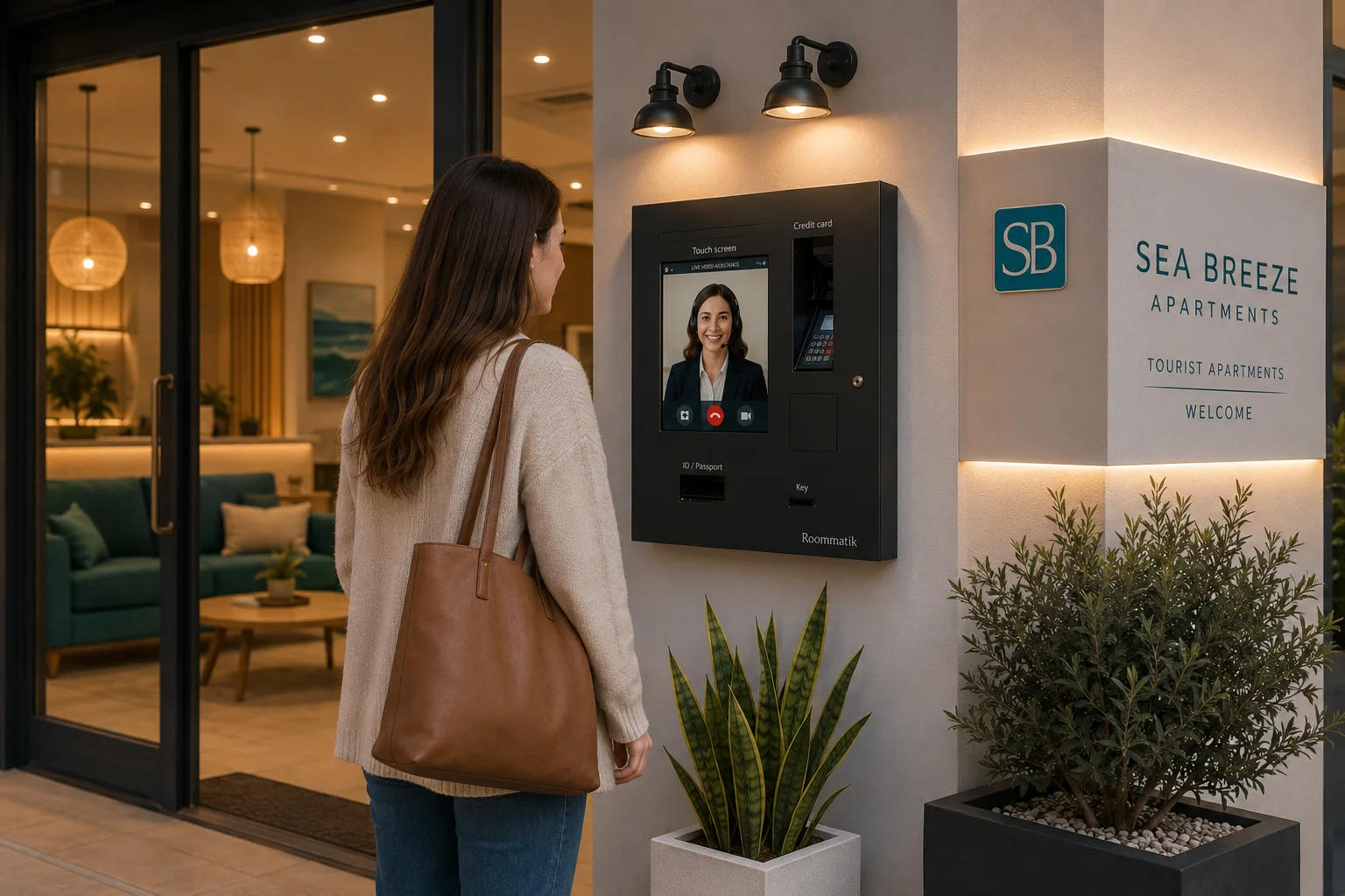 A guest at a self-service point receives remote assistance from a receptionist shown on the screen