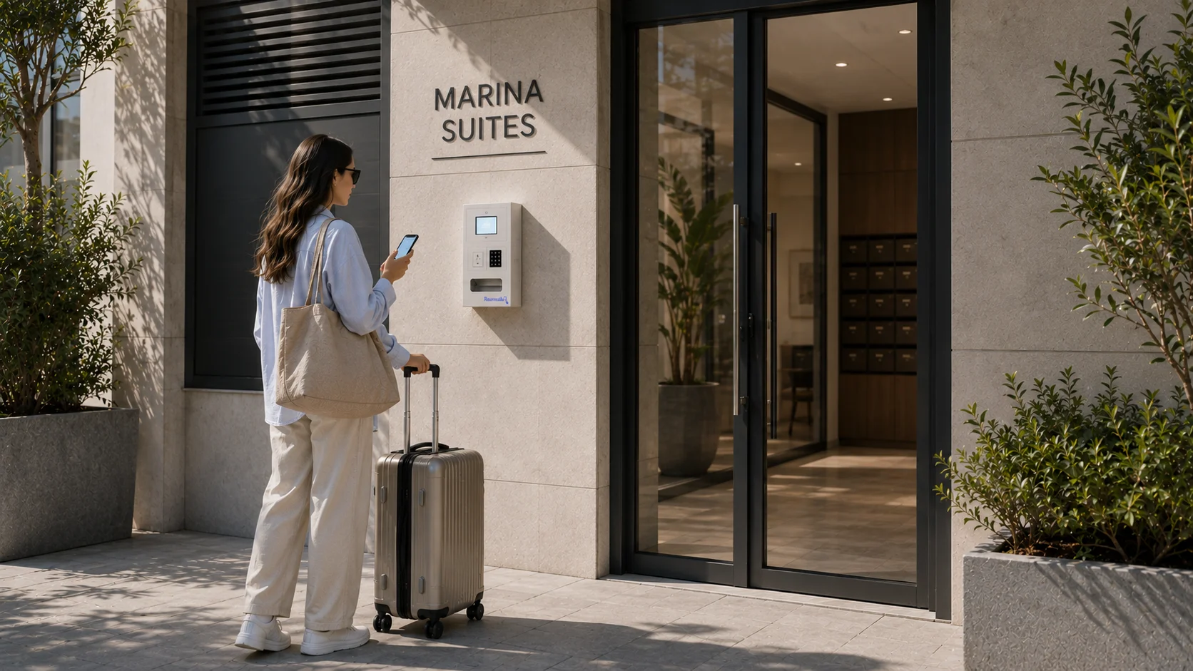 Huésped recoge su llave en el dispensador de llaves de pared de Roommatik en la entrada de un aparthotel