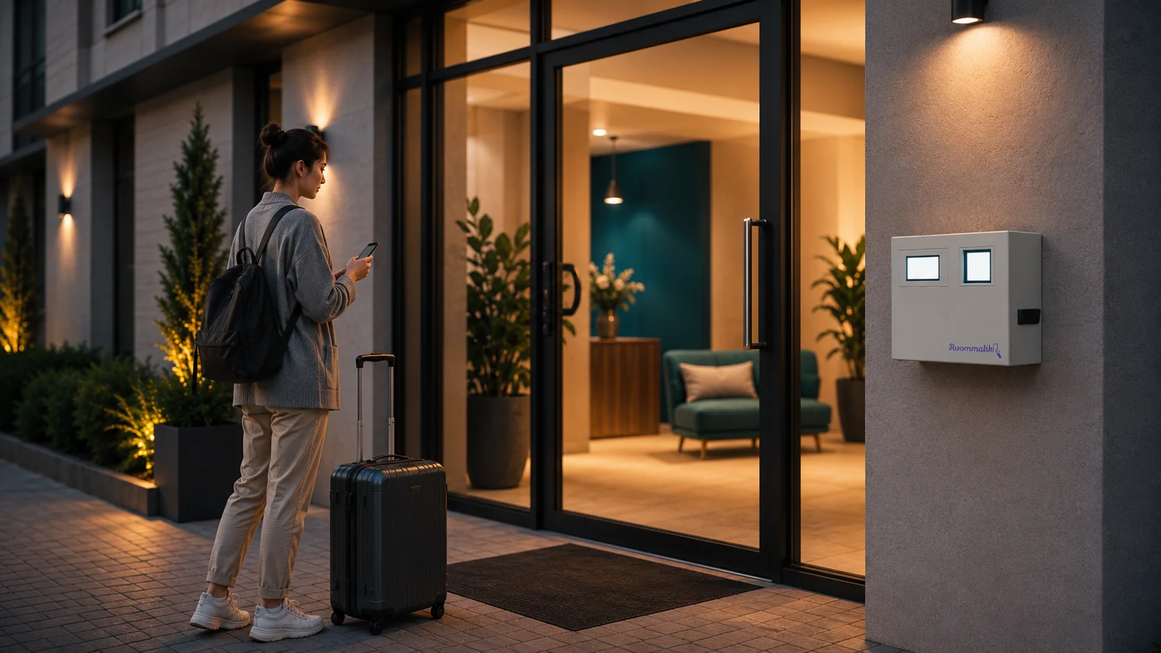 Dispensador de llaves de pared de Roommatik en el portal de un edificio mientras una huésped llega con su equipaje