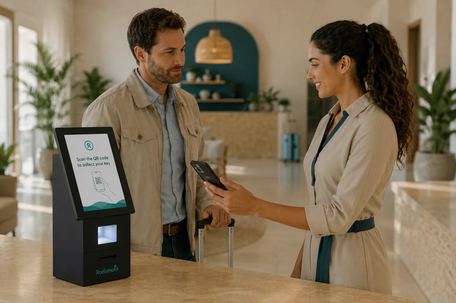 Huésped escanea el código QR de su móvil en el dispensador de llaves de sobremesa con pantalla grande de Roommatik, en la recepción de un hotel