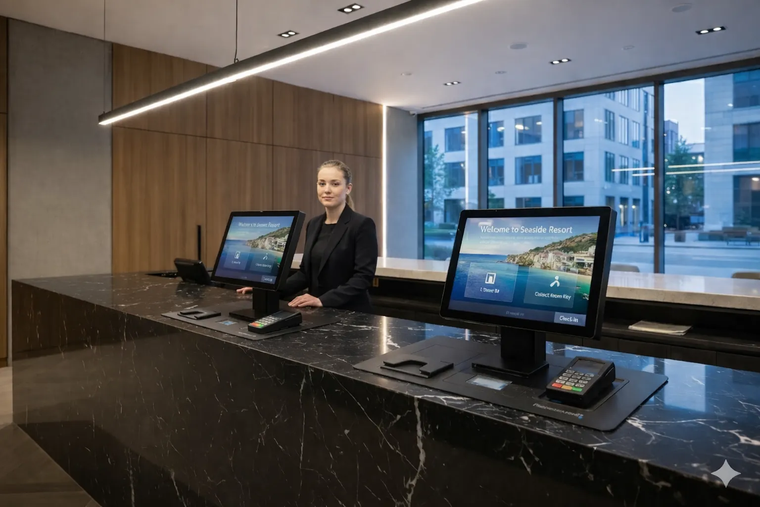 Recepción de hotel con terminales de check-in conectados al PMS