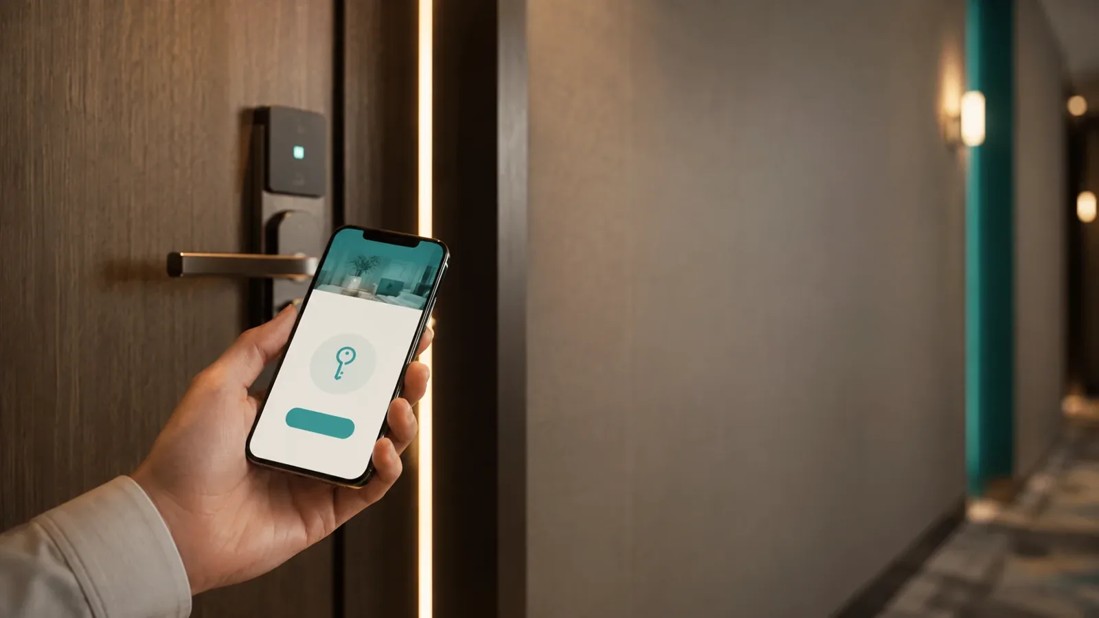 Client ouvrant la porte de sa chambre depuis un lien sur son t&eacute;l&eacute;phone, sans application