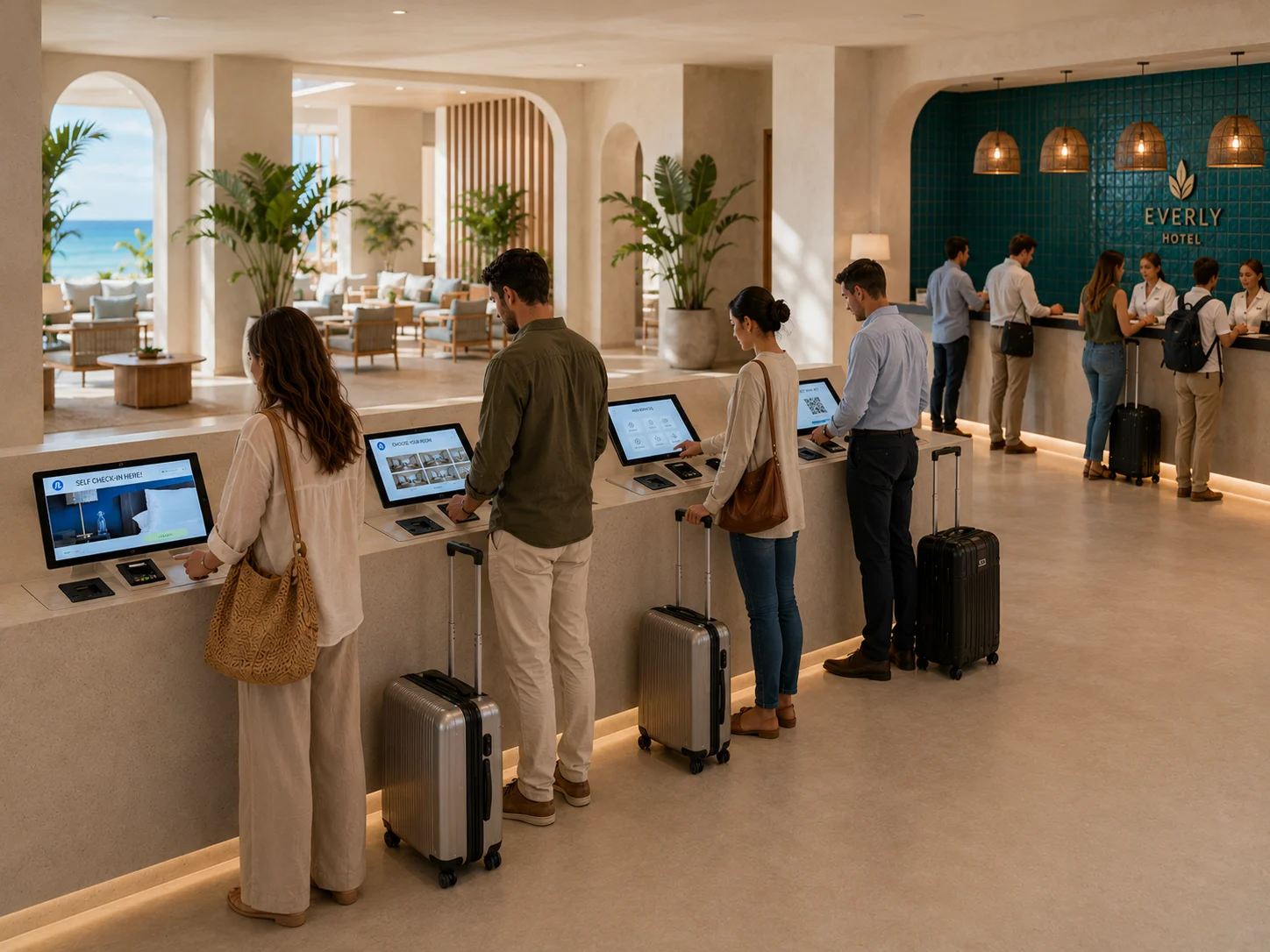 Self-service registration point in a hotel reception during a busy arrival period