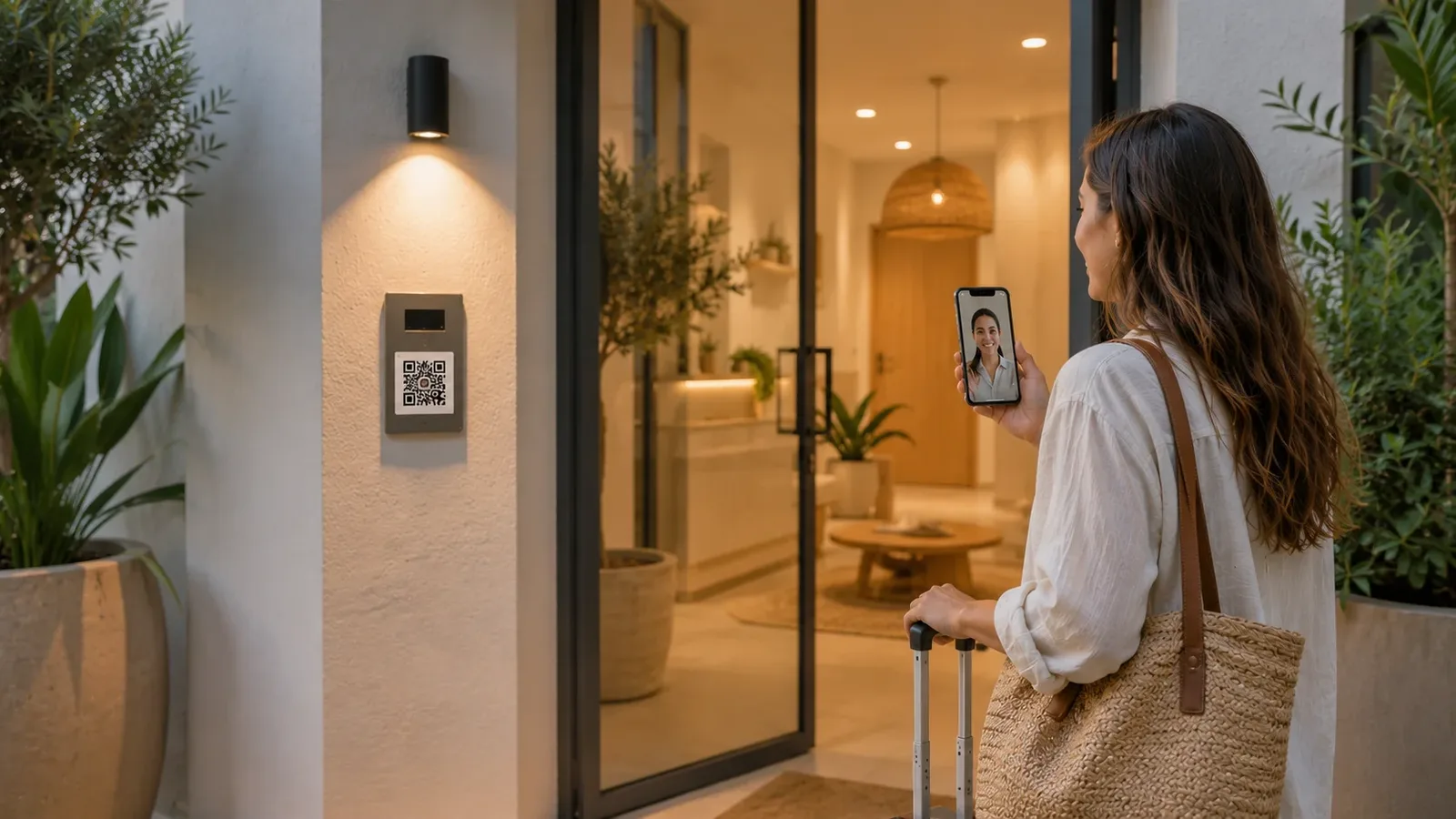 Hu&eacute;sped accediendo mediante c&oacute;digo QR desde el m&oacute;vil con videollamada a recepci&oacute;n