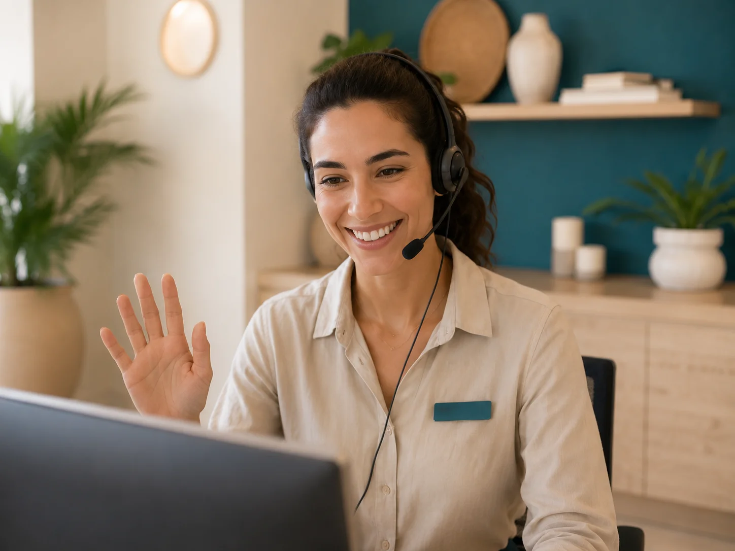 Receptionist assisting a guest by video call