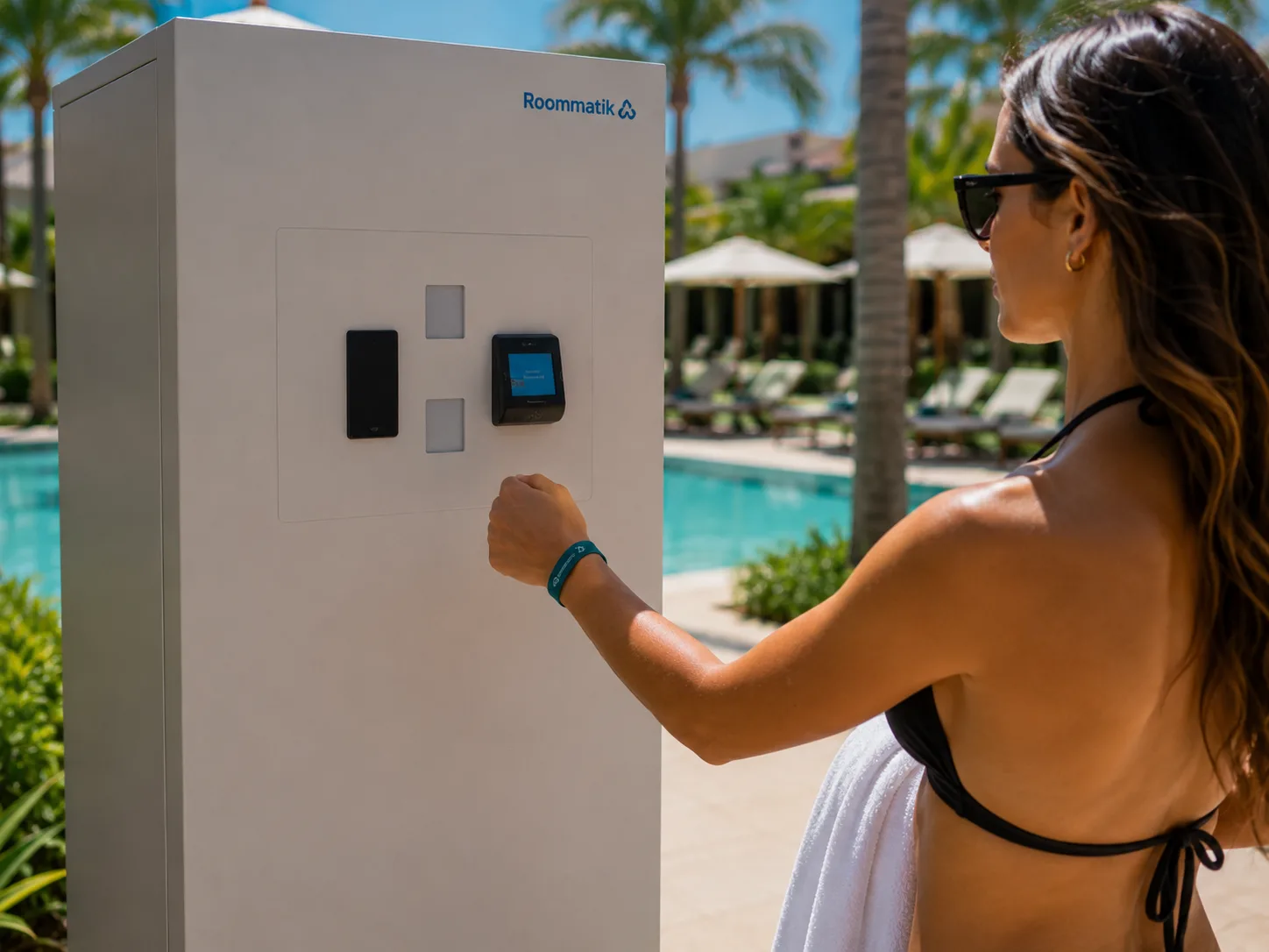 Guest holds their wristband up to the reader on the towel dispenser to collect a towel