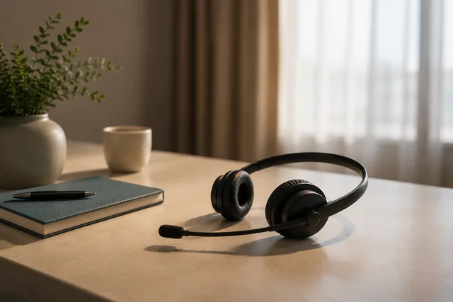 Auricular de recepcionista sobre una mesa, atenci&oacute;n a distancia