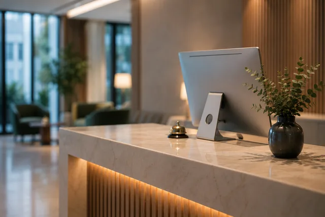 Mostrador de recepci&oacute;n de hotel con el panel de conversaciones