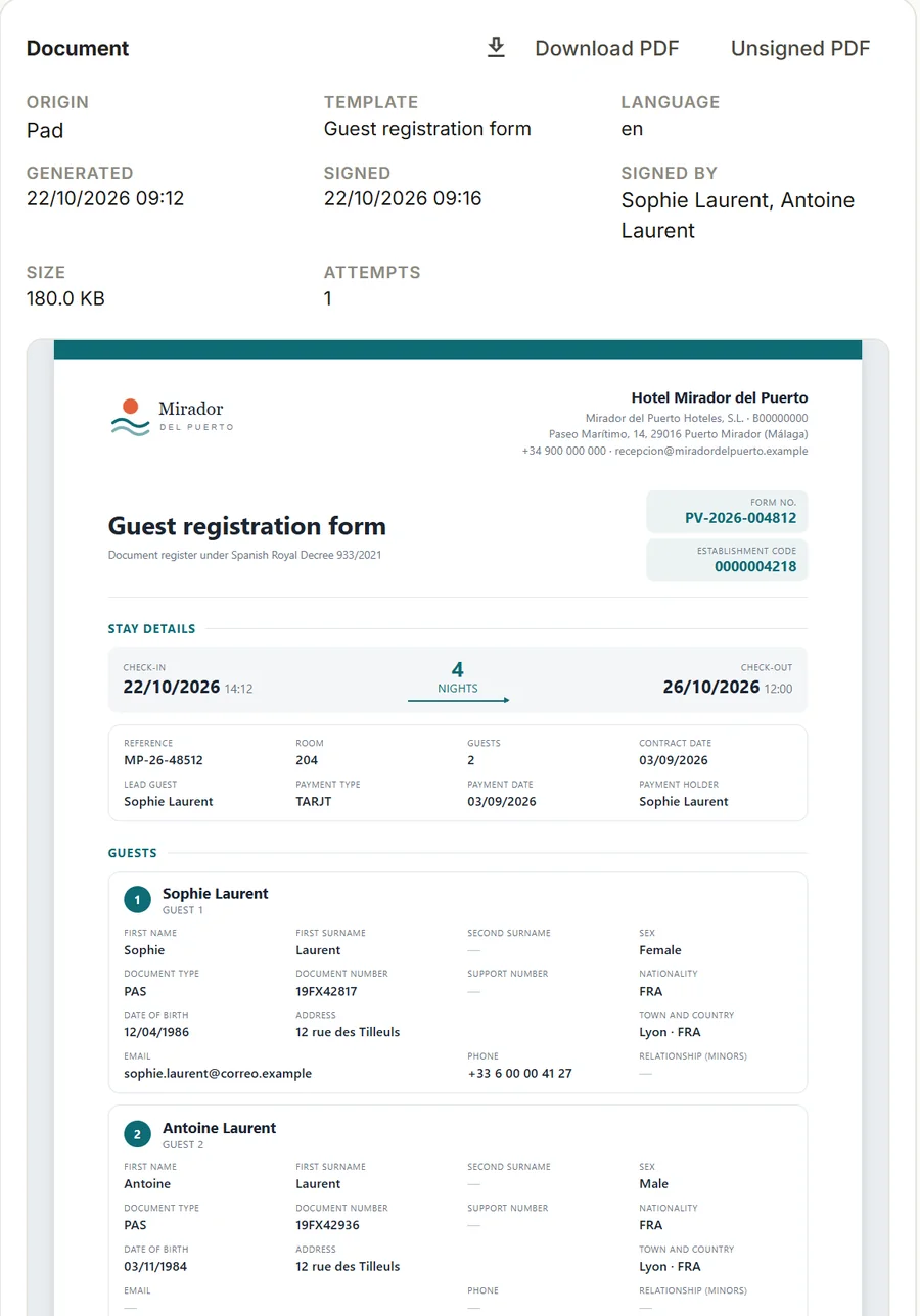 Hospedy dashboard: signed guest registration form