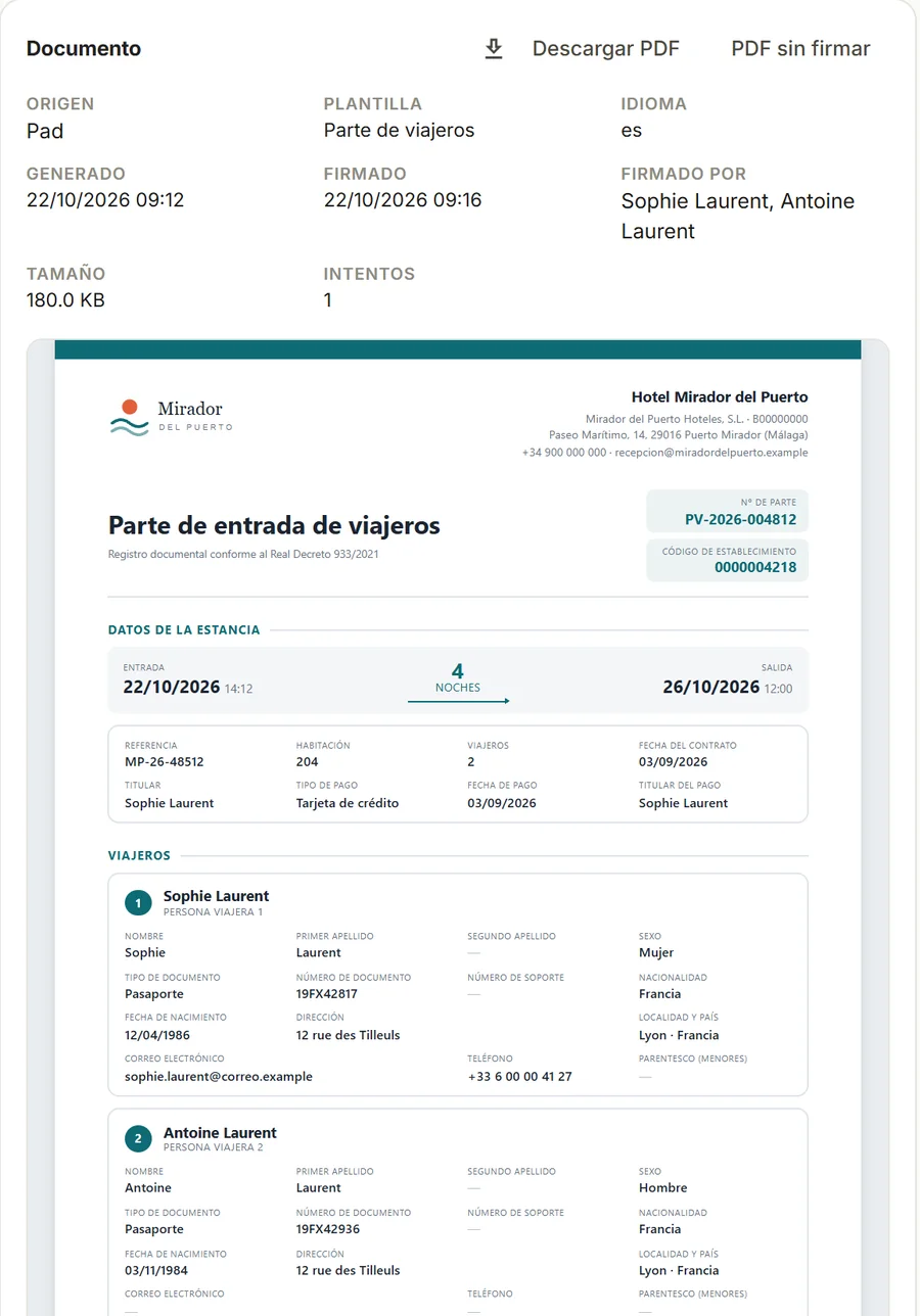 Panel de Hospedy: parte de viajeros firmado, con sus viajeros, firmas y documento