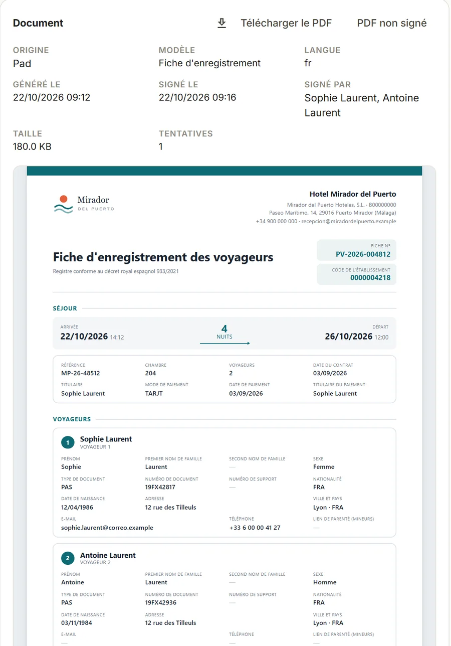 Tableau de bord Hospedy : fiche voyageur signée