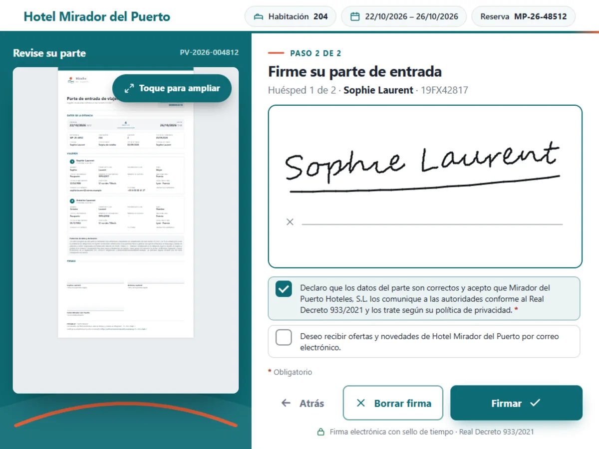 Tableta de firma de Hospedy: el huésped revisa su parte y firma